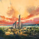 digital painting of futuristic sci-fi city with skyscraper at sunset ,illustration