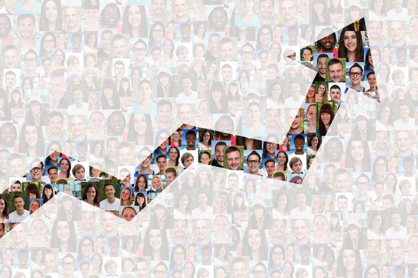 upward trend line over collage of faces