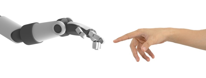 human and robot hands reaching to touch