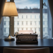 An old typewriter and a lamp on the table.