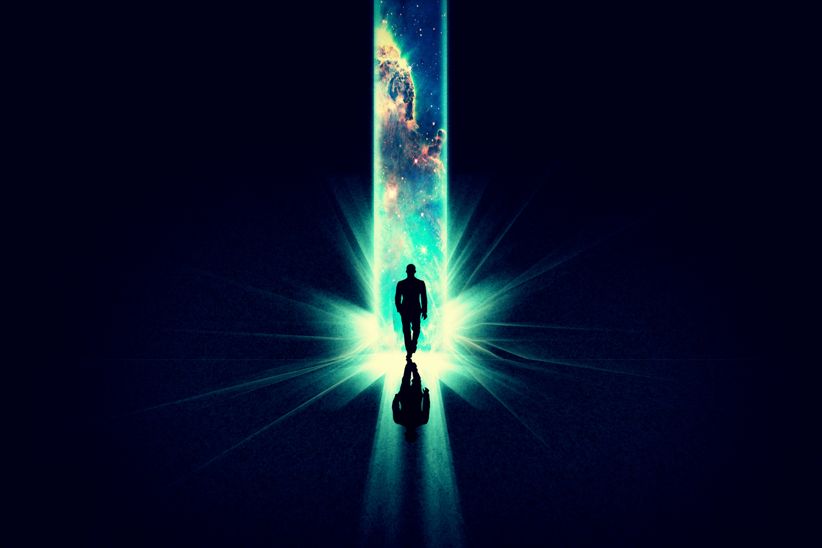 Illustration of a man walking into a beam of light overlaid with an image of the cosmos