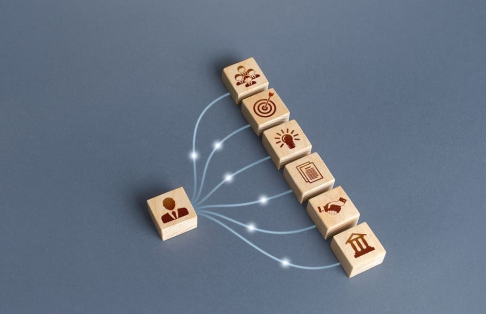 wood blocks with business icons