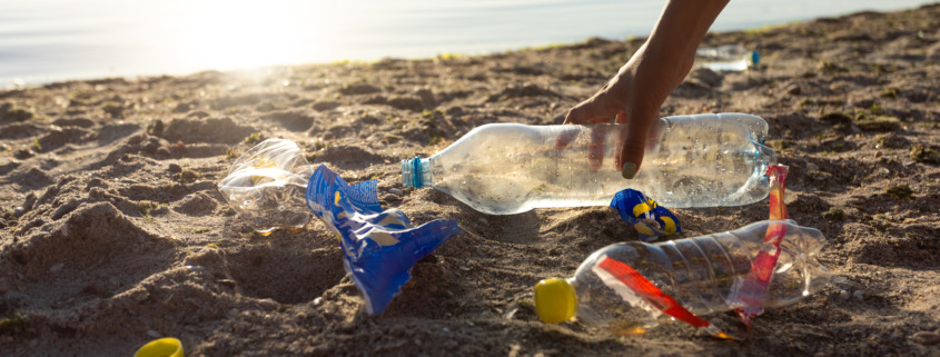 picking up trash at the beach