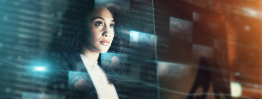 business woman working on futuristic screen