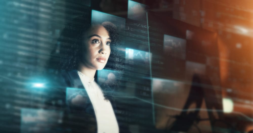 business woman working on futuristic screen