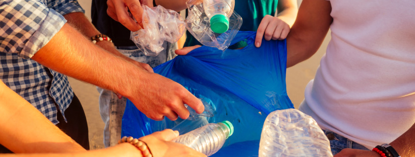 six people cleaning up a beach