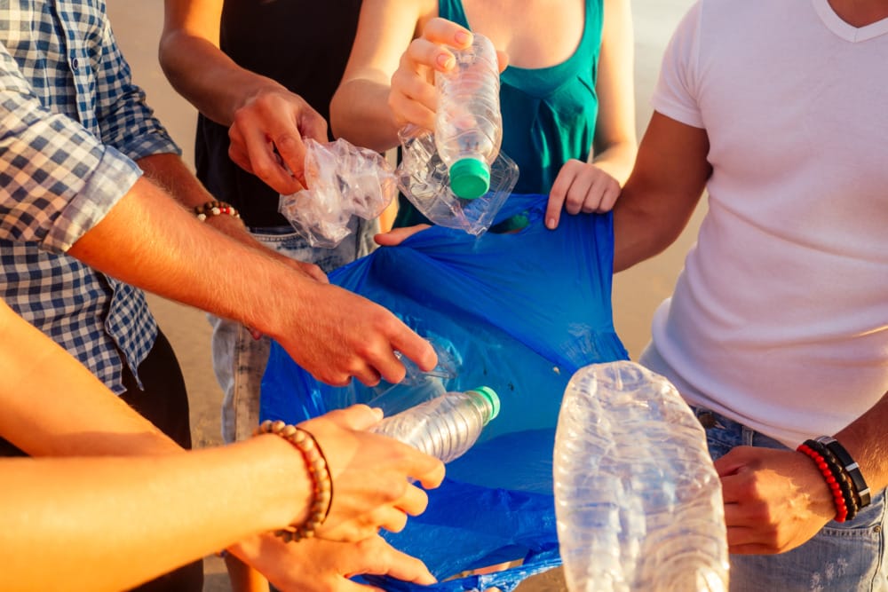 six people cleaning up a beach