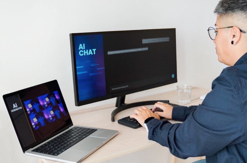 woman working with AI chat on computer