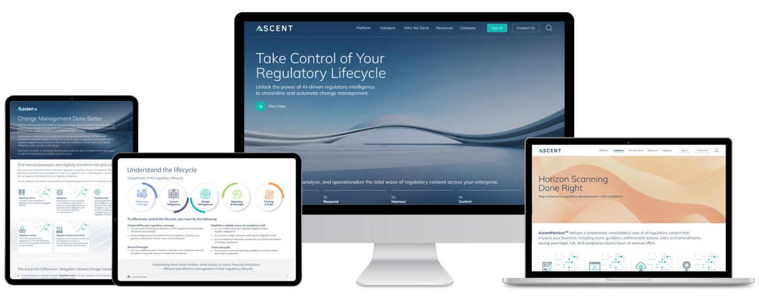 Two tablets on the left with marketing materials on the screen. A monitor in the center and the laptop on the left show pages of a website.
