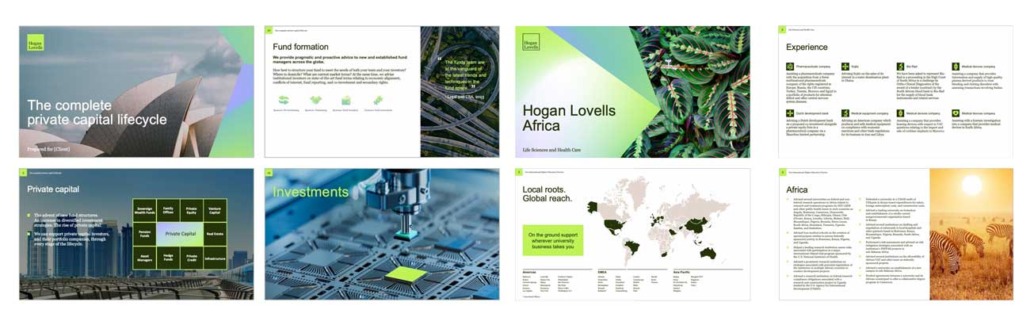 Eight examples of PowerPoint slides from a rebranding exercise