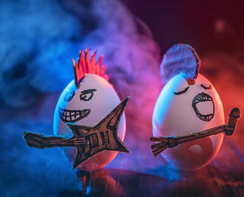 Eggs outfitted to look like punk rockers