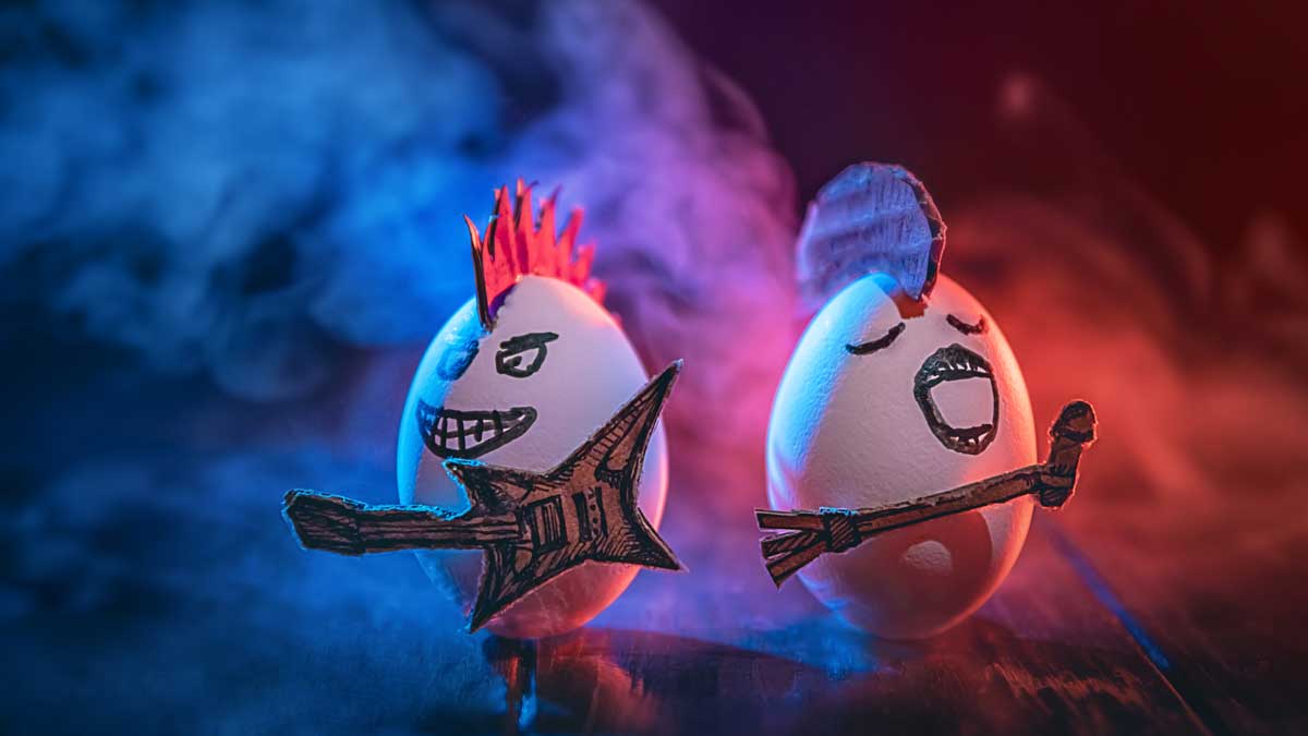 Eggs outfitted to look like punk rockers