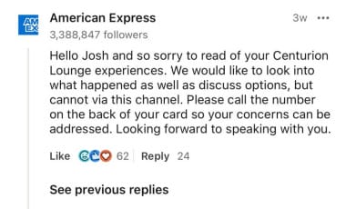 Screenshot of AMEX LinkedIn response to a customer complaint