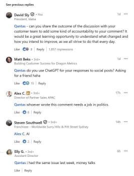 LinkedIn post directed at Quantas