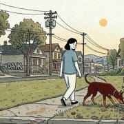 Illustration of a female owner walking a dog in an urban setting