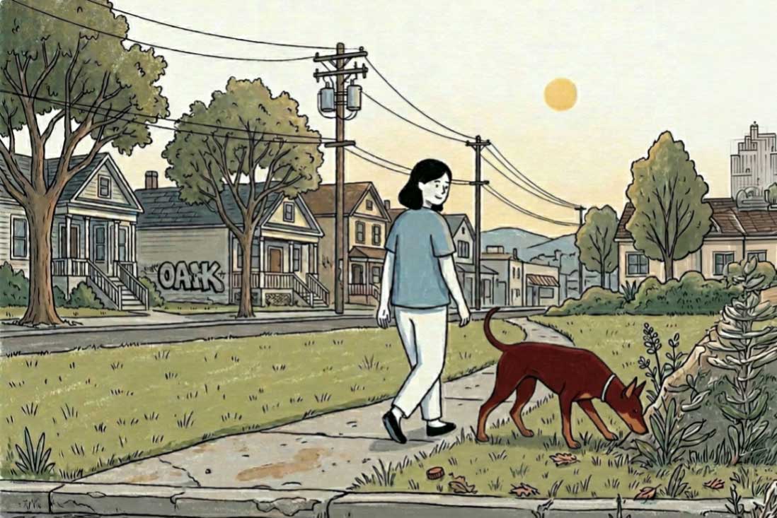Illustration of a female owner walking a dog in an urban setting