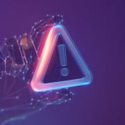 Hand made of connected points holding a triangle warning sympbol