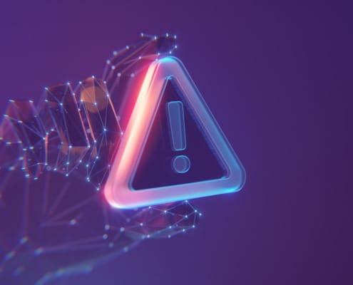 Hand made of connected points holding a triangle warning sympbol