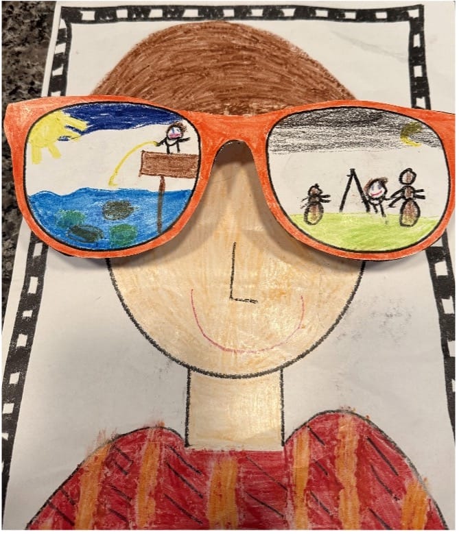 Student artwork showing a face with oversized sunglasses that reflect summer activities.