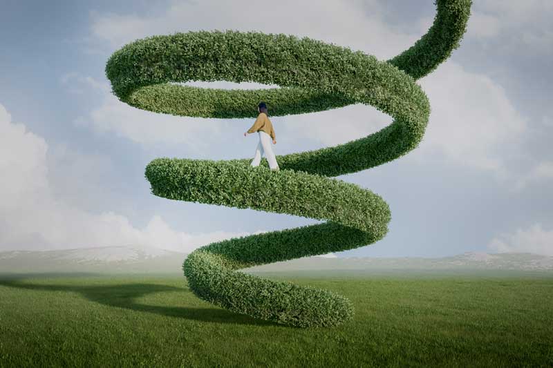 woman walking up a spiral of green hedge