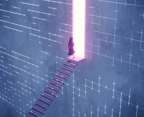 sci-fi image of a woman at the top of a long staircase about to walk through a glowing doorway
