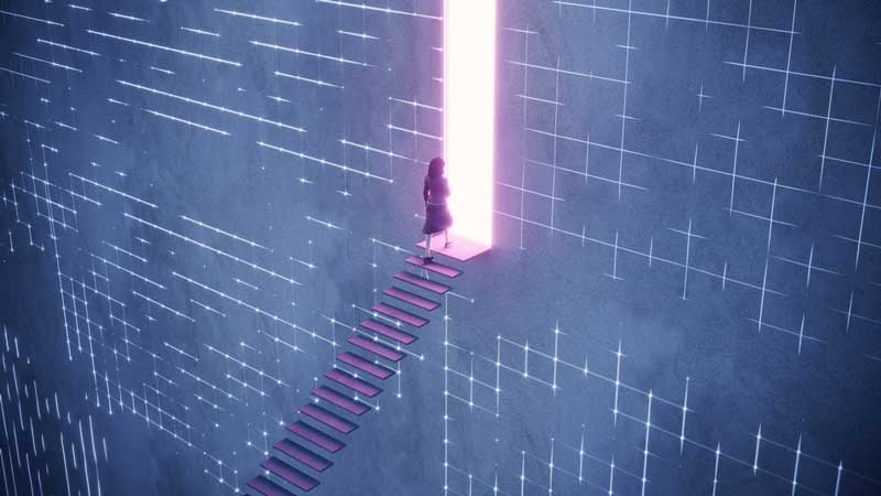sci-fi image of a woman at the top of a long staircase about to walk through a glowing doorway