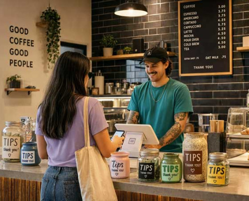 A woman paying at a coffee shop with a bunch of tip jars all over the counter