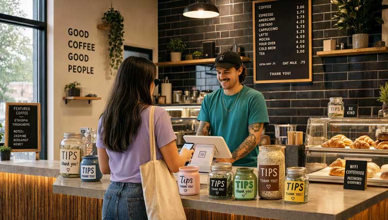 A woman paying at a coffee shop with a bunch of tip jars all over the counter